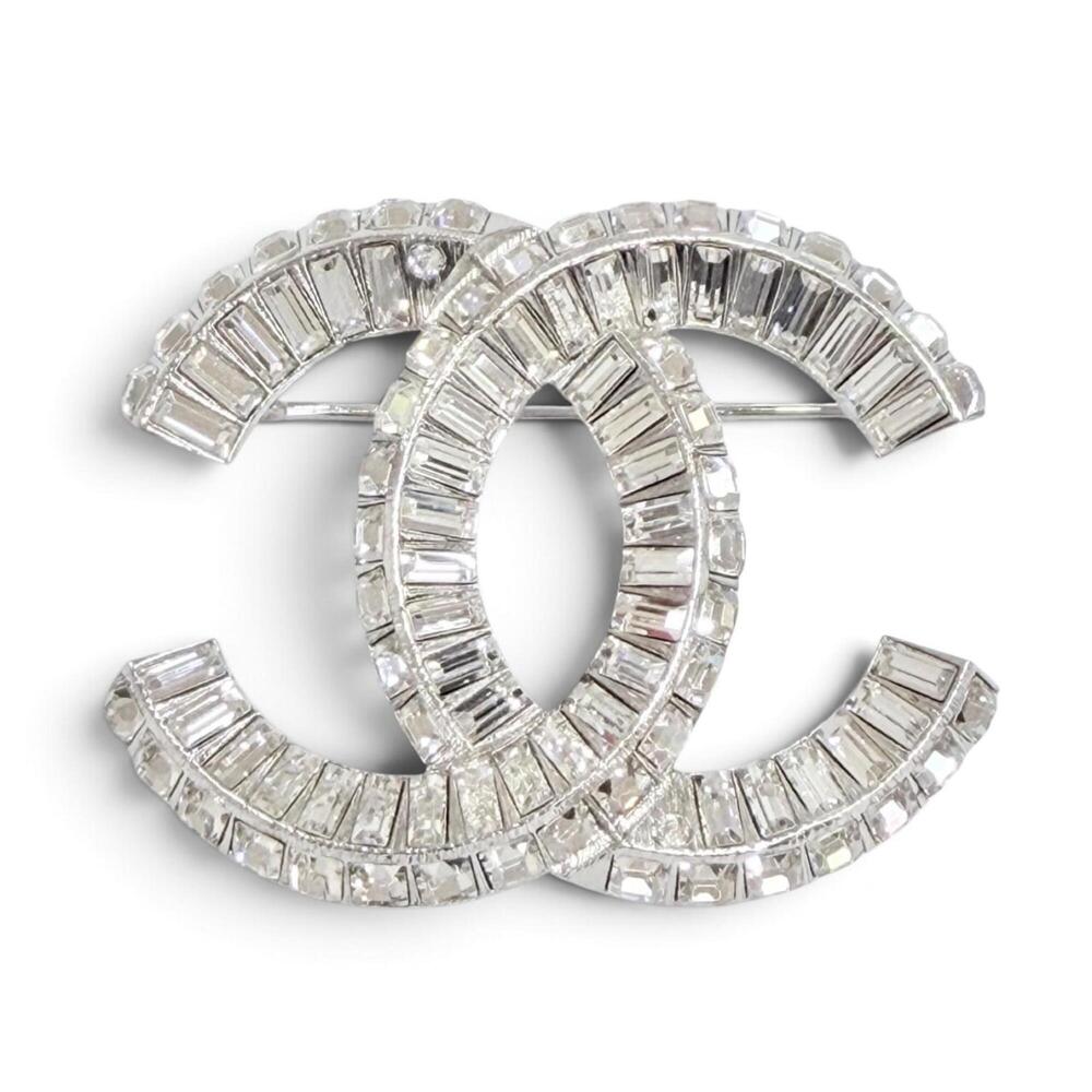 CHANEL F23V Coco Mark CC Logo Rhinestone Crystal Bijou Brooch Silver Made in ...